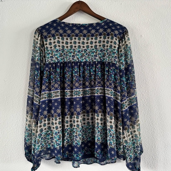 Boho Ditsy Floral Relaxed Plus 1X Patch Pattern Top Cottagecore Sheer Tie Neck - Picture 9 of 10